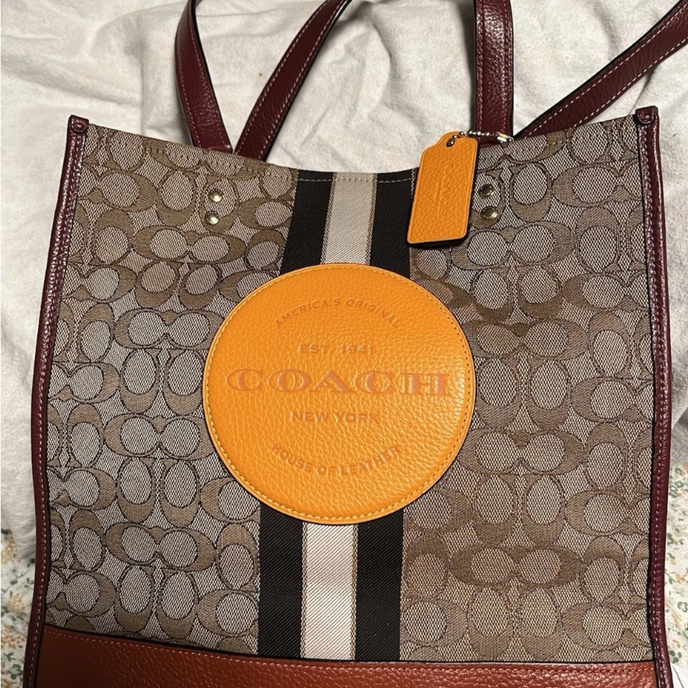 Coach Brown and Tan Signature Tote with Orange Accent